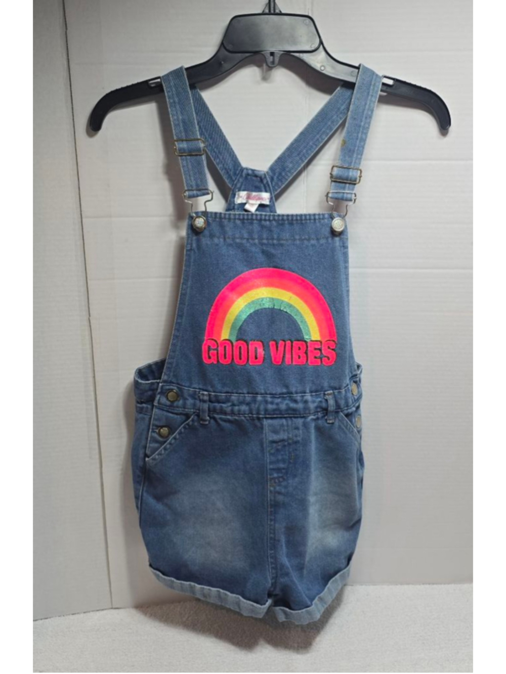 Girls Chillipop Denim Overalls M Blue Pink Rainbow Good Vibes